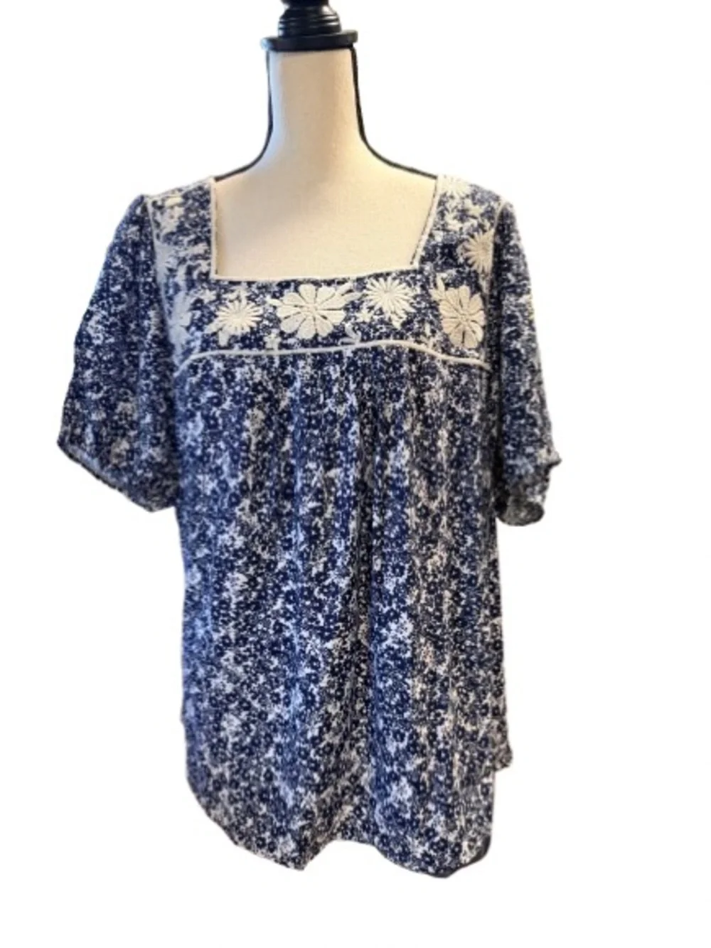 Savanna Jane Blue White Floral Embroidered Boho Peasant Blouse 1X Cottagecore - Picture 3 of 6